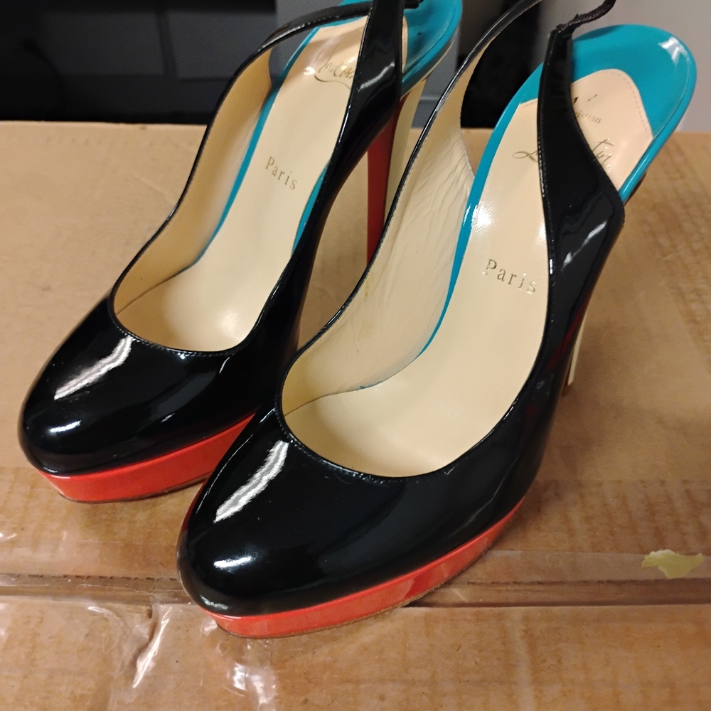 Black, Orange And White Louboutin Slingback Heels.